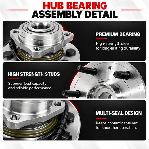 Close-up view of 515096 Front Wheel Bearing Hub Assembly highlighting premium bearing, high strength studs, and multi-seal design.