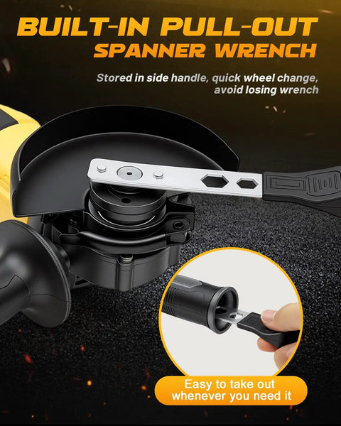 Built-in pull-out spanner wrench on Heavy Duty Cordless Angle Grinder 4.5 Inch With Slick Brushless Motor for quick wheel changes.
