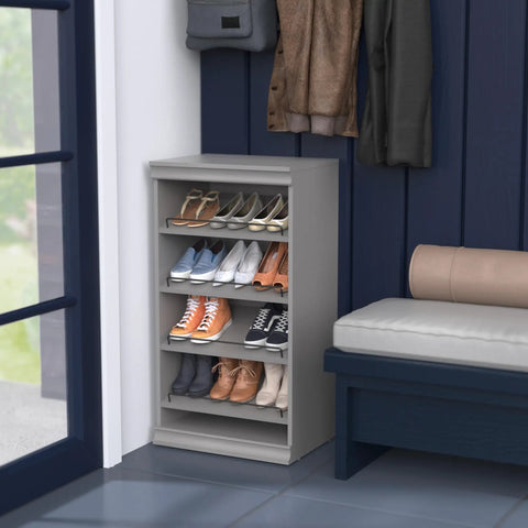 Total Game Changer Modular Closet Organizer With Four Adjustable Angled Shoe Shelves And Slick Taupe Finish For Seamless Stacked Storage Setup Hardware Included with stacked shoes.