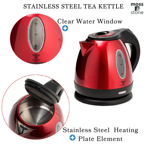 Red One Point Two Liter Cordless Electric Kettle 1500 Watt Fast Boil Stainless Steel Portable Tea Pot With Boil Dry Protection and Auto Shut Off