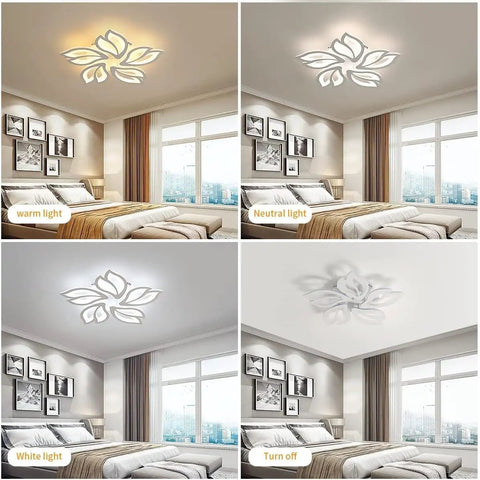 Modern 60W Dimmable LED Ceiling Light With Remote, 23.6 Inch White Acrylic Leaf Flush Mount Chandelier in bedroom with different light settings