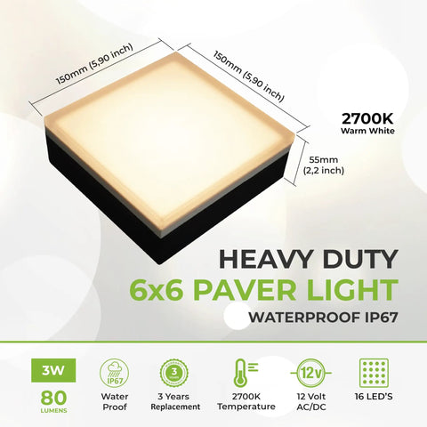 6x6 Inch Paver Light 2700K Warm White Glare-Free Brick Lighting For Driveways, Walkways, Pool Decks, Patios, IP67 Waterproof