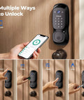 Video Smart Lock With Camera And Three In One Smart Deadbolt For Front Doors, shown with multiple unlocking methods on a wooden door.