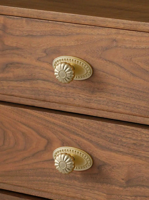 Built Tough Brushed Gold Cabinet Knobs 10 Pack With Base Brass Drawer Pulls on wooden dresser drawers.
