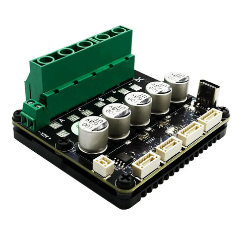 Beefed Up Brushless Servo Motor Controller Driver Board V4.2 with green connectors and capacitors, top view