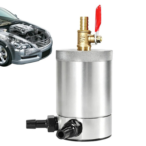 Heavy Duty 300ml Oil Catch Can Kit With Double Port Design To Boost Engine Performance And Reduce Sludge, showing silver alloy reservoir.