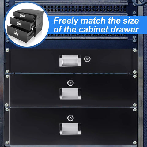 Pro Grade Heavy Duty 19 Inch Server Rack Drawers In A Complete Three Piece 2U 3U 4U Metal Set featuring three black drawers in racks.