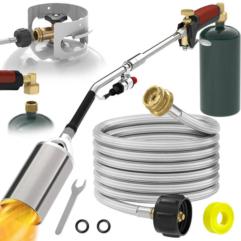 Heavy Duty Propane Weed Torch Kit With Turbo Trigger, high BTU flame, includes 1lb propane converter and 10ft braided hose.