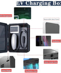 Heavy Duty EV Charger Wall Box Featuring Straight Up Dual Lock Security And All Weather Shell Designed For Tesla Charging Cables mounted open showing cable management and ventilation holes.
