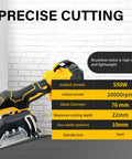 Industrial Workhorse Cordless Angle Grinder With 20000 Rpm Motor shown with specifications for precise cutting applications.