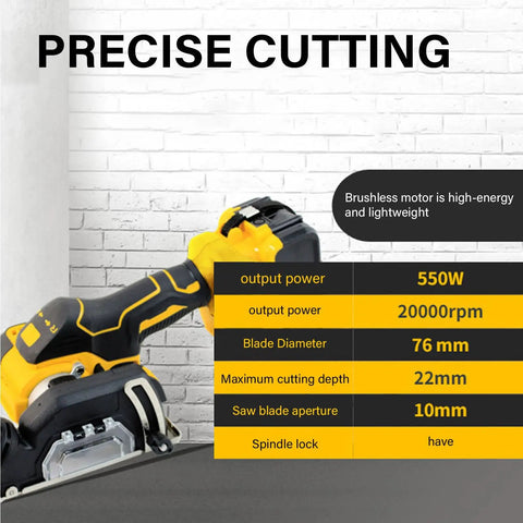 Industrial Workhorse Cordless Angle Grinder With 20000 Rpm Motor shown with specifications for precise cutting applications.