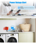 WiFi Power Failure And Water Leak Alarm with Auto Shutoff installed in a laundry room, showing real-time monitoring features.