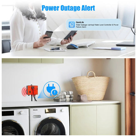 WiFi Power Failure And Water Leak Alarm with Auto Shutoff installed in a laundry room, showing real-time monitoring features.
