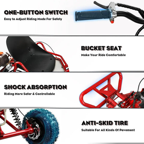 Close-up of features on Rugged 64cc Two Stroke Gas Go Kart With Two And A Half HP Hydraulic Disc Brake Steel Tubular Frame Six Inch All Terrain Tires 265 Pound Load Capacity For Off Road Adventures, showing grip, seat, suspension, and tire design.