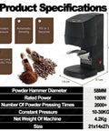 Fully Automatic Electric Espresso Tamper With Adjustable Ten To Thirty Pound Pressure Fits Standard Fifty Eight Millimeter Portafilter Non Slip Handle And Precision Settings To Smoothly Nail Your Morning Brew Game showing product specifications and dimensions.