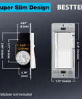 Sleek Super Slim Slide Dimmer Switches 6 Pack White dimensions shown with coin for size comparison, suitable for LED CFL fixtures.