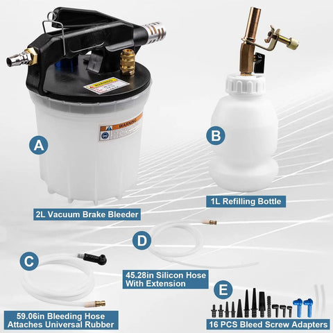 One Person Pneumatic Brake Bleeder Kit With 3 Liter Vacuum System Includes 2 Liter Fluid Extractor And 1 Liter Refilling Bottle 16 Adapters Clutch Bleeder For Easy Car And Truck Brake Fluid Flushing showing vacuum, refilling bottle, hoses, and adapters.