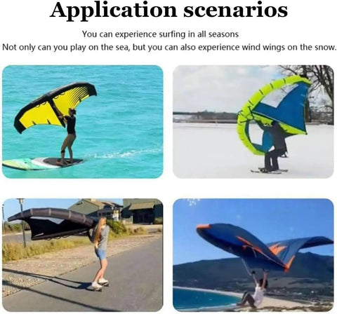 Inflatable Wing Surfing Kit For Wind Wing Foiling And Surfing Portable Surfboard Sail With Handheld Foil Wing Kite Water Sports Gear Easy To Inflate Four Square Meters Ride Ready On Waves Or Snow displayed in use on water, snow, land, showcasing versatility for different seasons and activities.