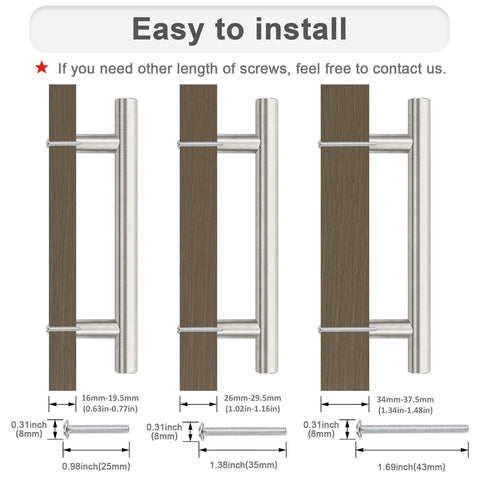 Diagram of 30 Pack Hole Center 96 Millimeter Brushed Nickel Cabinet Pulls with screw sizes 25mm, 35mm, 43mm for easy installation