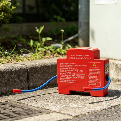 Heavy Duty Automatic Engine Fire Suppressor Self Activating 30g Aerosol Extinguisher With Thermal Trigger and Zero Residue near pavement.