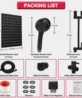 Image showing packaging list for 10 Inch High Pressure Rainfall Shower Head Kit With 11 Inch Adjustable Arm And 9-Setting Handheld