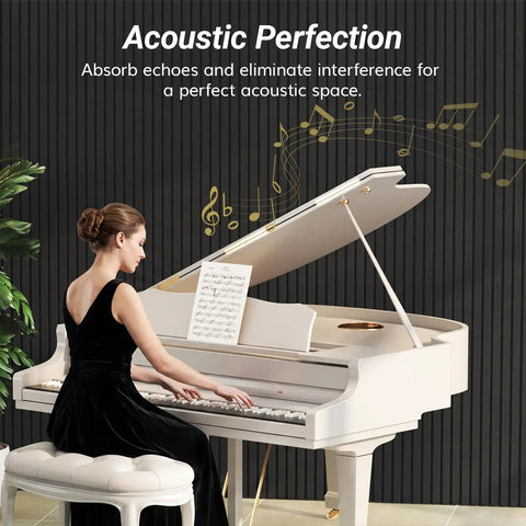 Killer Sound Blocking Acoustic Wall Panels 4 Pack No Sweat Peel And Stick Foam Tiles For Home Studio Recording Setup Self Adhesive Noise Reduction Wall Decor Top Shelf Quality with grand piano in a modern setting.
