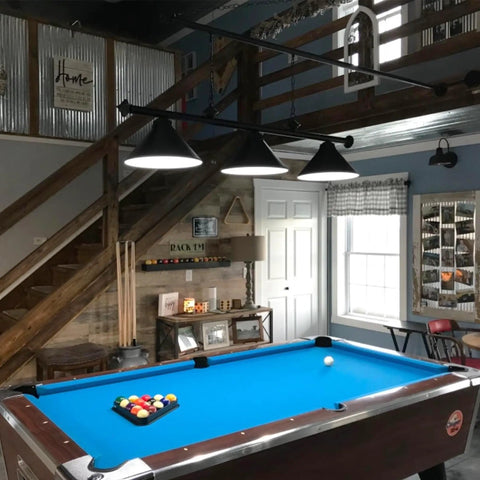 Three Light Pool Table Light With Matte Black Shade For Billiards Vintage Retro Kitchen Island Pendant Modern Industrial Chandelier With Adjustable Chain And 35 Inch Length For Home Game Room Vibe illuminating a billiards table.