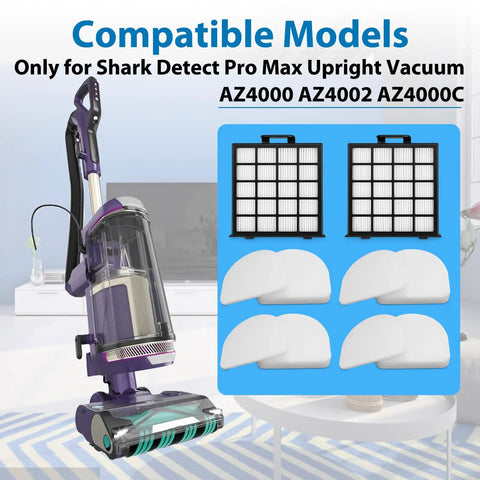 AZ4002 Replacement Filter Set For Detect Pro Max Upright Vacuum with 2 HEPA filters, foam and felt filters on table next to vacuum