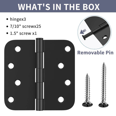 4 Inch Exterior Door Hinges Matte Black Heavy Duty Steel With Removable Pins showing hinge, screws, and removable pin details.