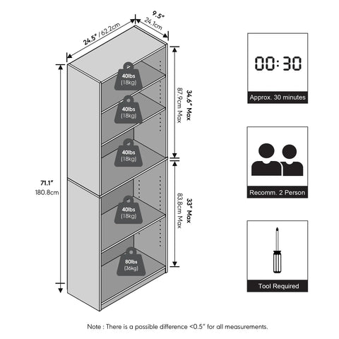 5 Tier Closet Organizer With Adjustable Shelves In Rich Espresso, Tall Bedroom Storage Rack dimensions and weight limits diagram.