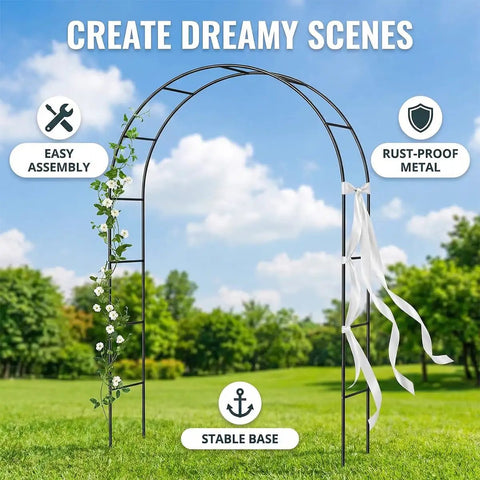 Rust-Resistant Galvanized Metal Garden Arch Trellis, 4.6 Ft Wide By 7.6 Ft Tall, with ribbons and plants in a garden setting