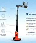 Electric Self Propelled Vertical Mast Boom Lift with articulated jib, 29.5 ft platform for safe indoor use.