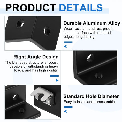 Close-up of Dead Simple Setup 10 Piece 4 Hole Inside Corner Brackets Heavy Duty L Connectors Black T Slot Fittings, showcasing design details.