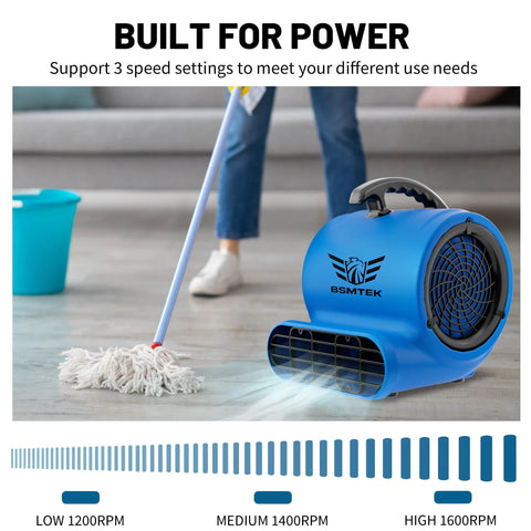 Beast Mode Air Mover Blower Fan One Half HP 2500 CFM in blue, shown in use for fast carpet drying with mop nearby, 3 speed settings