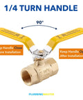 One Half Inch Female Npt To Female Npt Full Port Forged Lead Free Brass Ball Valve 150 Psi Wsp with yellow 1/4 turn handle.