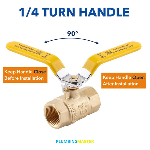 One Half Inch Female Npt To Female Npt Full Port Forged Lead Free Brass Ball Valve 150 Psi Wsp with yellow 1/4 turn handle.