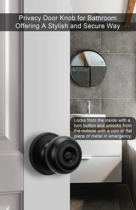Matte Black Privacy Interior Door Knob on white door in bathroom, mirror and sink visible, 8 Pack For Bedroom And Bath.
