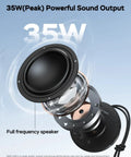 Round One Bluetooth Speaker With IPX8 Waterproof Shower Rating And Loud HD Sound Featuring 35W Peak Power 20W Tweeter And 15W Woofer For Deep Bass Long Battery Life Bluetooth Five Point Four Portable Outdoor Speaker For Home And Beach with exposed speaker components on a blue background.