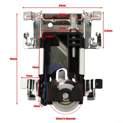 Top Notch Heavy Duty Sliding Door Wheels For Closets And Cabinets Rock Solid Nylon Steel Roller Set showing detailed measurements and components.