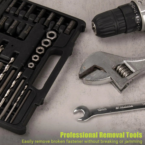 Broken Bolt Extractor Set 25 Piece Kit For Stripped Damaged Rusted Rounded Off Bolts With Easy Out Drill Guides And Extraction Tools shown