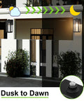 Dusk To Dawn Photocell Sensor Black Outdoor Wall Lantern With Clear Glass Shade displayed in night and day settings