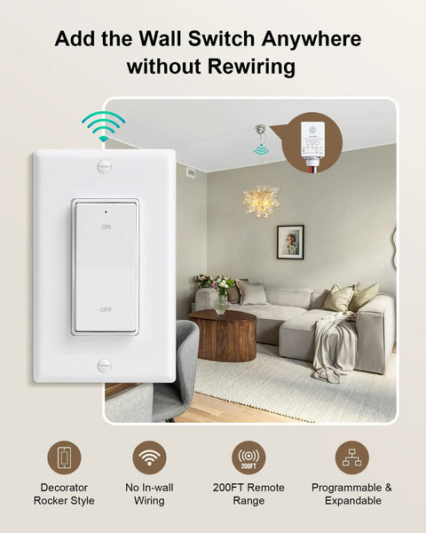 Wireless Light Switch Kit With RF Remote, Plug And Play Decorator Rocker Wall Switch, 15A High Power, living room setup