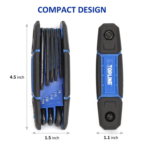 Three Pack Folding Allen Wrench Set Includes SAE Metric And Torx Keys, compact blue and black design with side view dimensions.