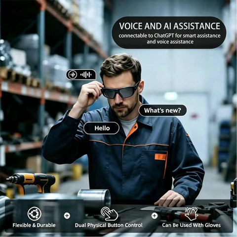 Bluetooth Safety Glasses With Photochromic Lenses And Crisp Clear Audio For The Daily Grind Rechargeable Led Work Eyewear With Twenty Hour Battery Life Tr90 Frame Ansi Certified Smart Audio Sunglasses Built Different showing a man using voice assistance features.