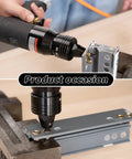 Adjustable Speed Pneumatic Rivet Nut Gun Kit with Five Mandrels in use on metal sheets and steel pipes for installation.