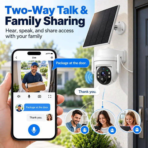 Wireless 2K HD Outdoor Security Camera With Massive 6000mAh Battery And Smart AI Motion Alerts And Rockin Night Vision And Crystal Clear Two Way Audio And Rugged IP65 Weather Armor For Home Defense White in use with smartphone display showing two-way talk feature.