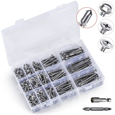 Hardcore Boss Grade 440 Piece 410 Stainless Steel Self Tapping Screw Assortment Kit For Sheet Metal showing organized screws.