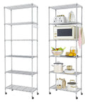 Premium Heavy Lifter 2 Pack 6 Tier Wire Shelving Units with Easy Roll Casters, showcasing kitchen appliances and organization.
