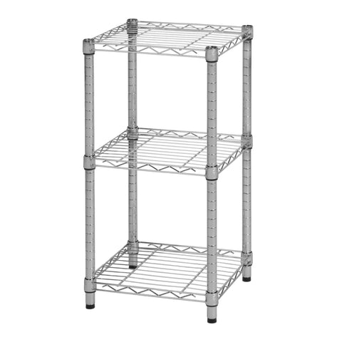 Rock Solid 3 Tier Stackable Chrome Wire Shelving Rack Carrying 200 Lb Per Shelf, compact design for modular organization.