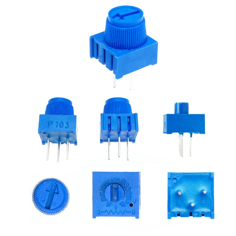 Trim Potentiometer Kit With Blue Knobs 20 Pieces 1K 10K 50K 100K Ohm Breadboard Friendly Rotary Potentiometers displayed